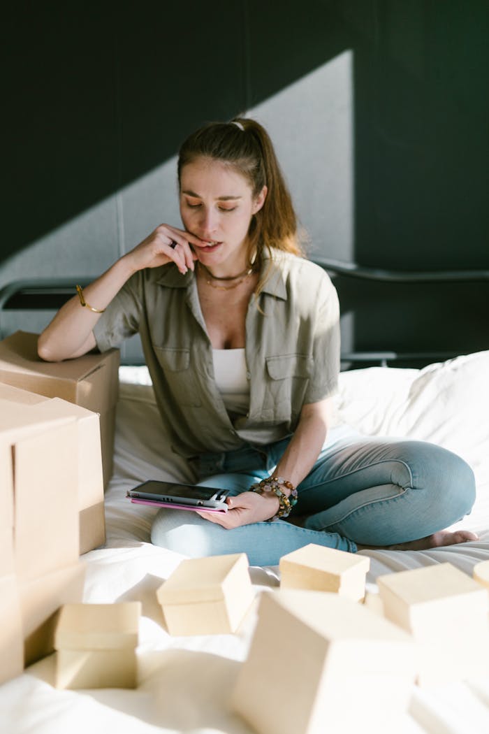 Woman working on her online business with packages and a tablet in her bedroom.